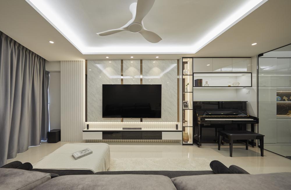 Scandinavian Living Room with Feature Wall and Ceiling Light