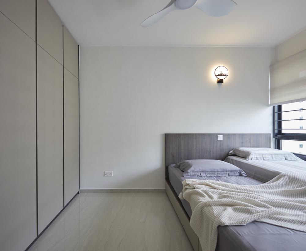 Scandinavian Bedroom with Marble Floor and Chandelier