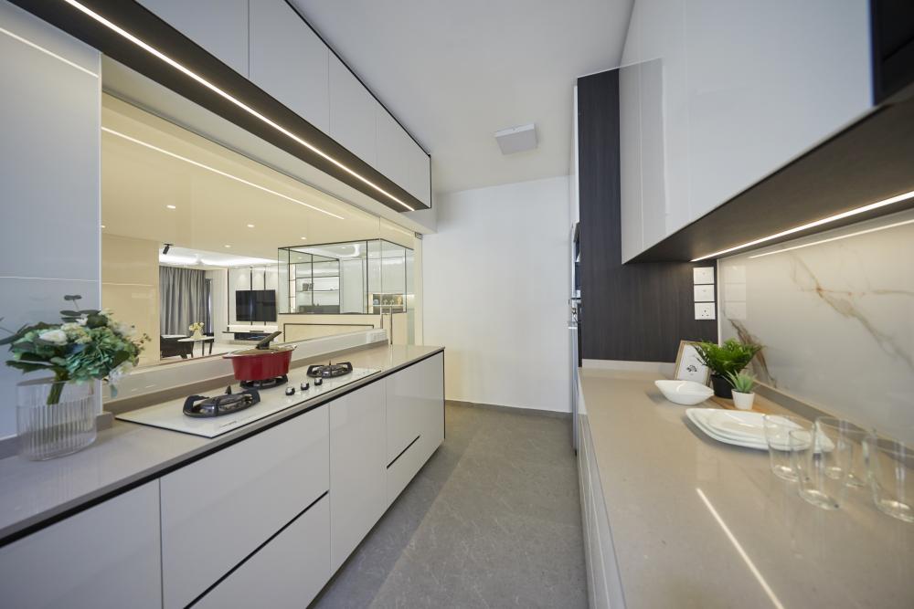 Scandinavian Kitchen with Parquet Floor and Marble Floor