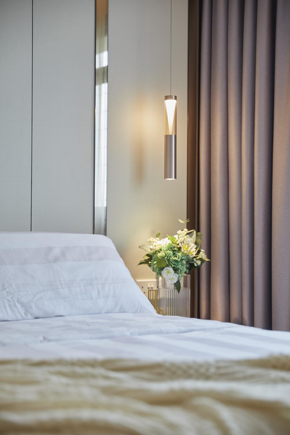Scandinavian Bedroom with Marble Floor and Drop Ceiling
