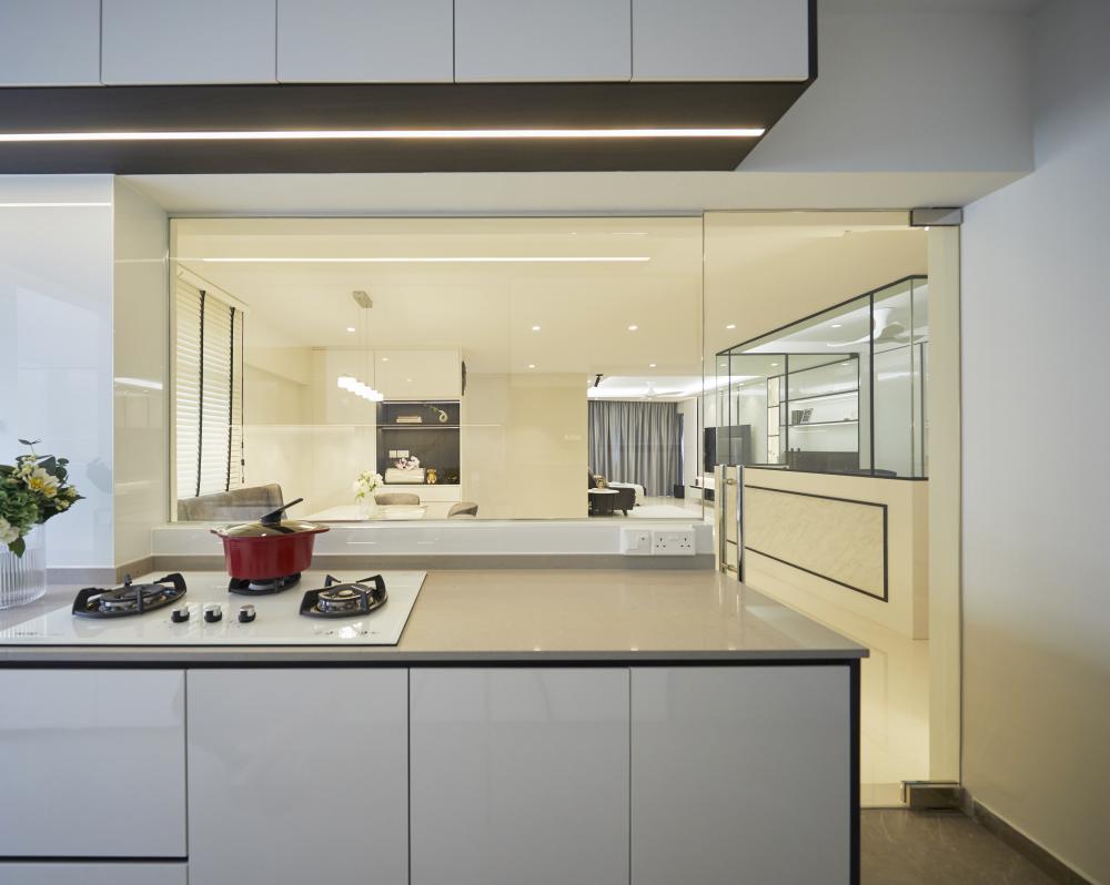Scandinavian Kitchen with Parquet Floor and Cement Floor