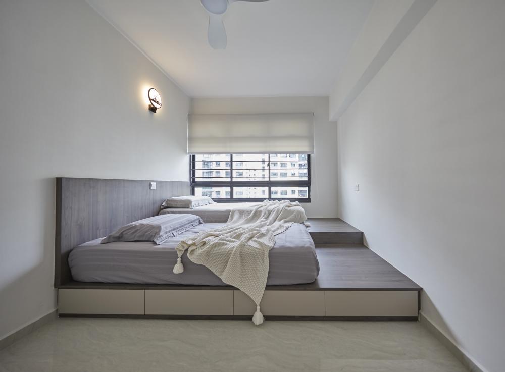 Scandinavian Bedroom with Parquet Floor and Ceiling Light