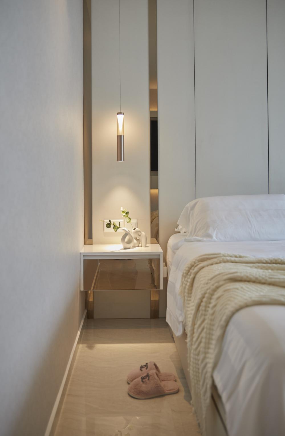 Scandinavian Bedroom with Cove Lighting and Drop Ceiling