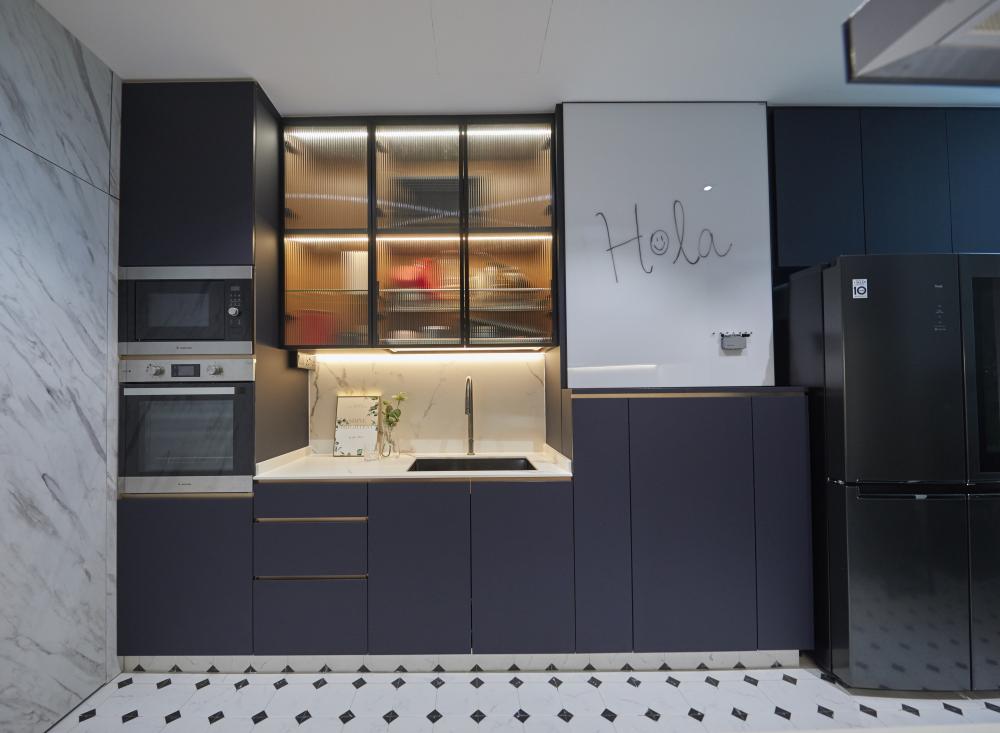 Scandinavian Kitchen with Granite Floor and Wood Flooring