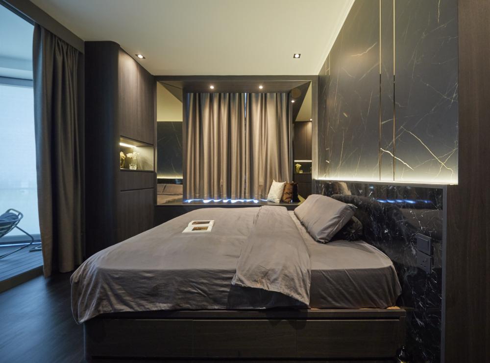 Scandinavian Bedroom with Marble Floor and Roller Blinds