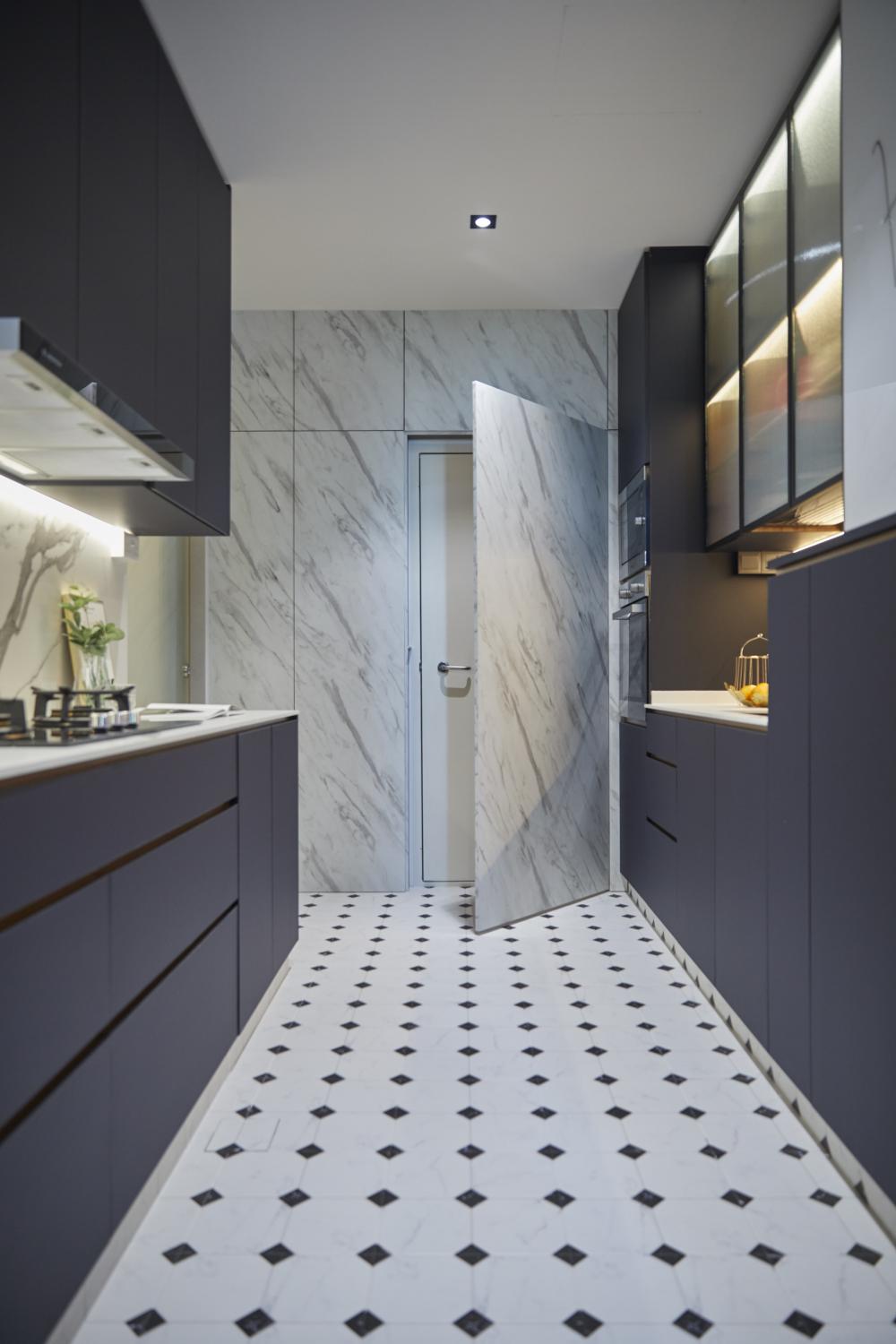 Scandinavian Kitchen with Marble Floor and Wood Flooring
