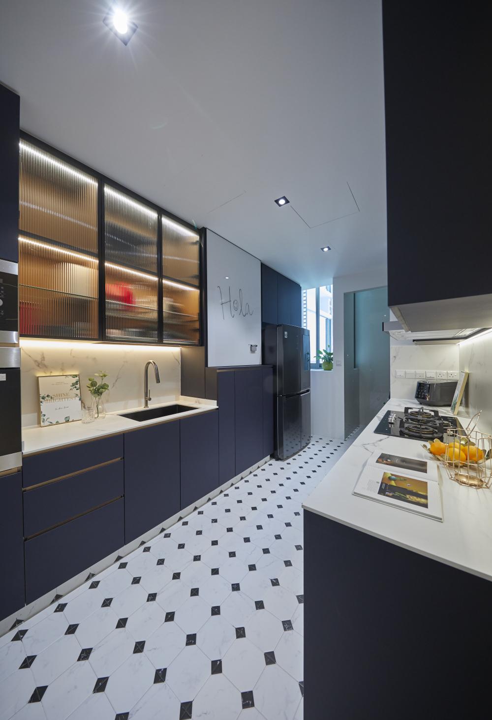 Scandinavian Kitchen with Cement Floor and Marble Floor