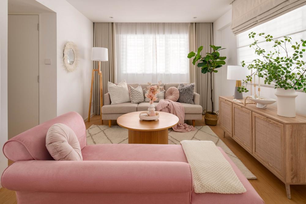 Scandinavian Living Room with Wood Flooring and Curtain