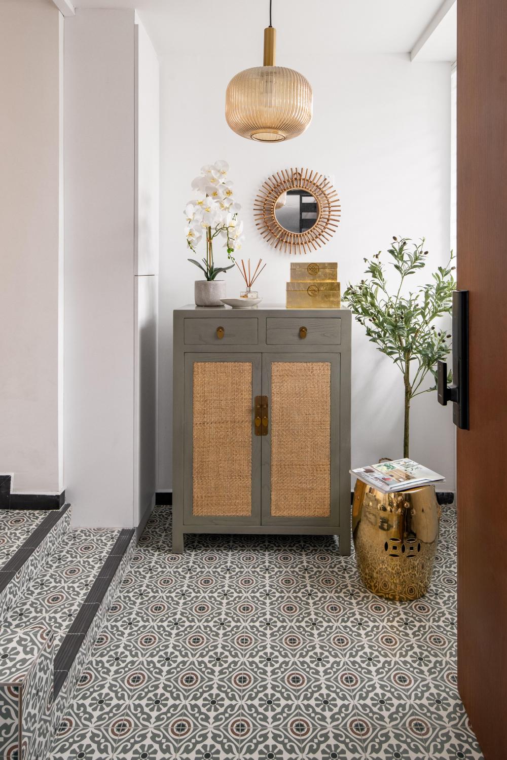Scandinavian Entryway with Mirror and Storage Cabinets