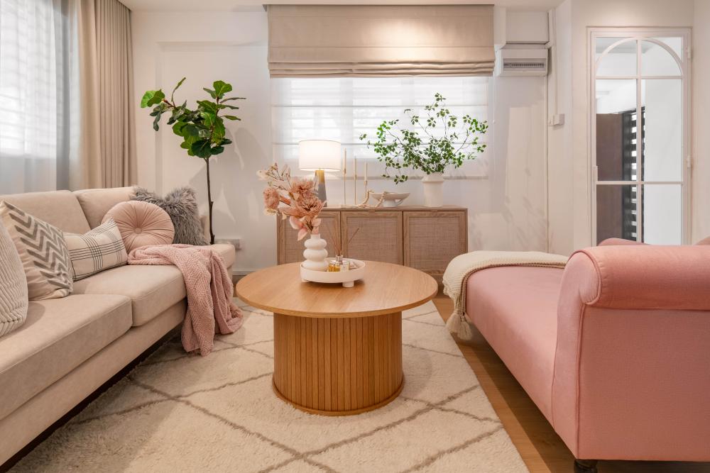 Scandinavian Living Room with Carpet and Roller Blinds