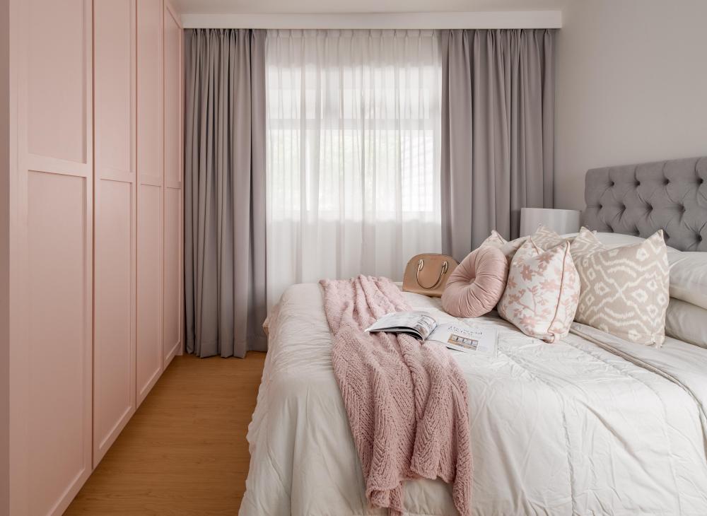 Scandinavian Bedroom with Wardrobe and Curtain