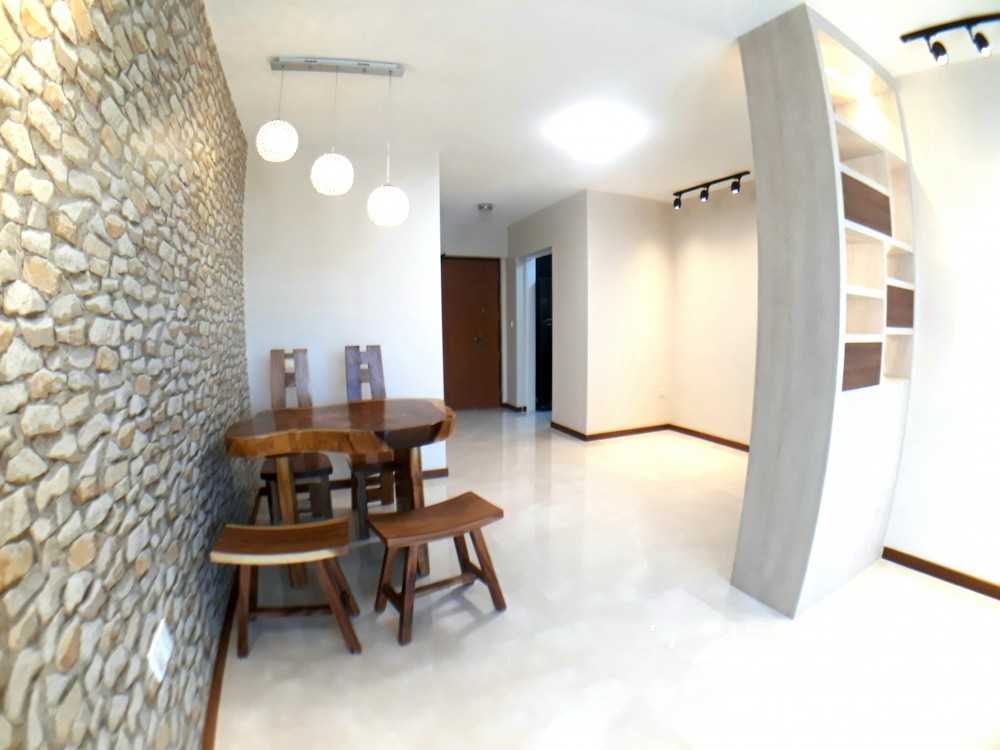 Contemporary Dining Room with Marble Floor and Wallpaper