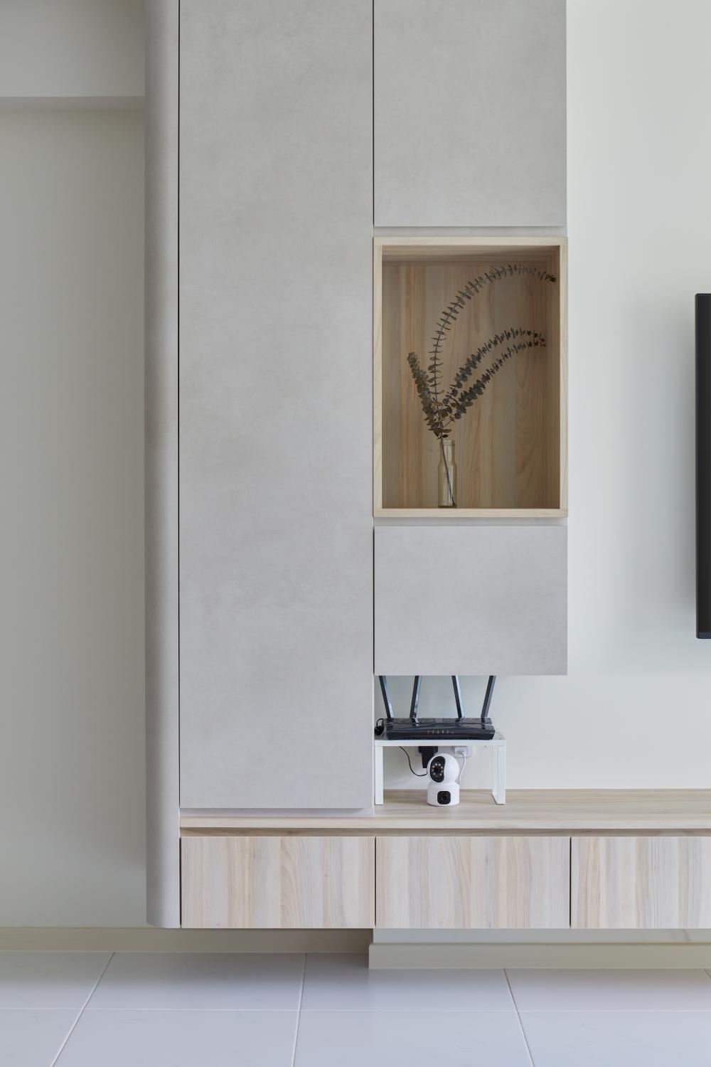 Modern Living Room with Homogeneous Tiles and TV Console