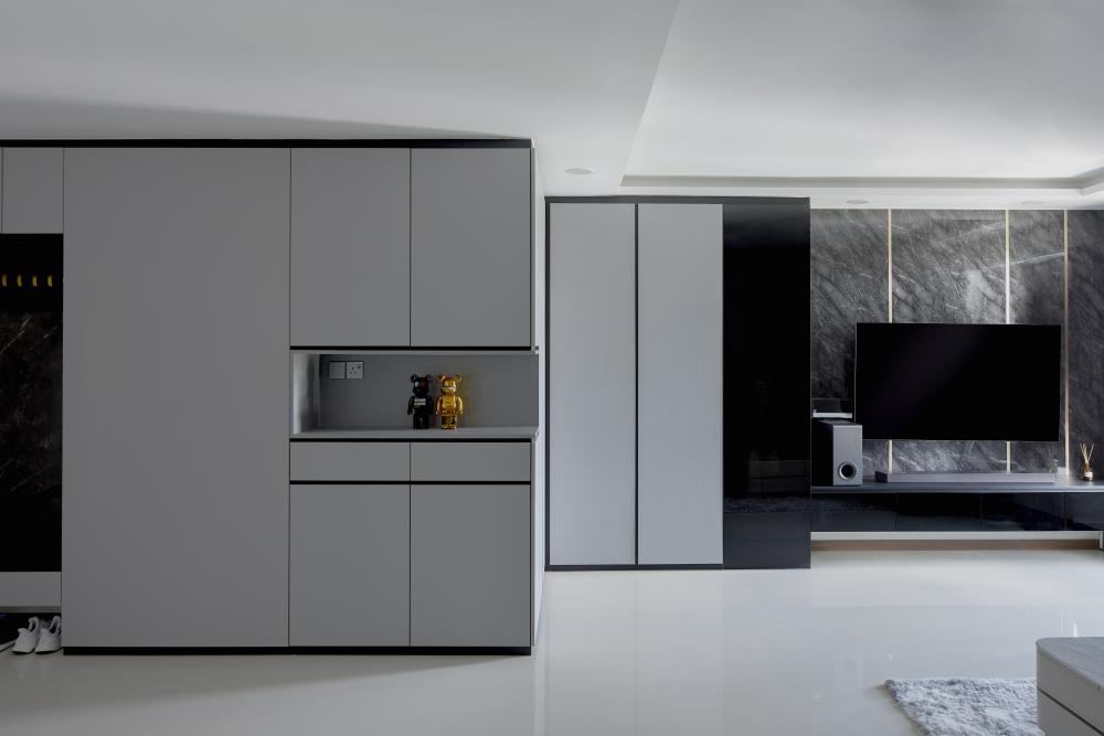 Modern Living Room with Homogeneous Tiles and TV Console