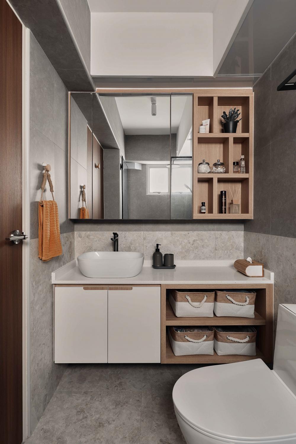 Scandinavian Bathroom with Mirror and Laundry Baskets