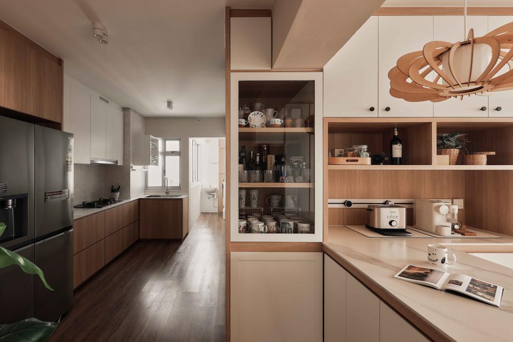 Scandinavian Kitchen with Wood Flooring and Kitchen Island