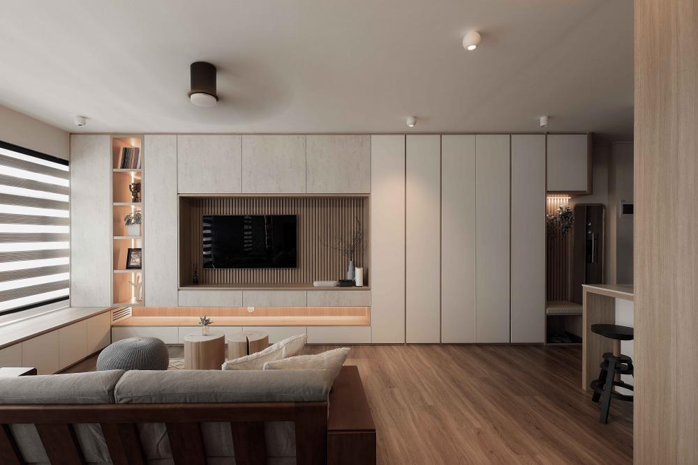 Scandinavian Living Room with TV Console and Feature Wall
