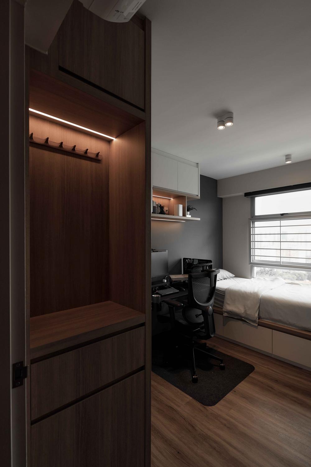 Scandinavian Bedroom with Bookshelf and Wood Flooring