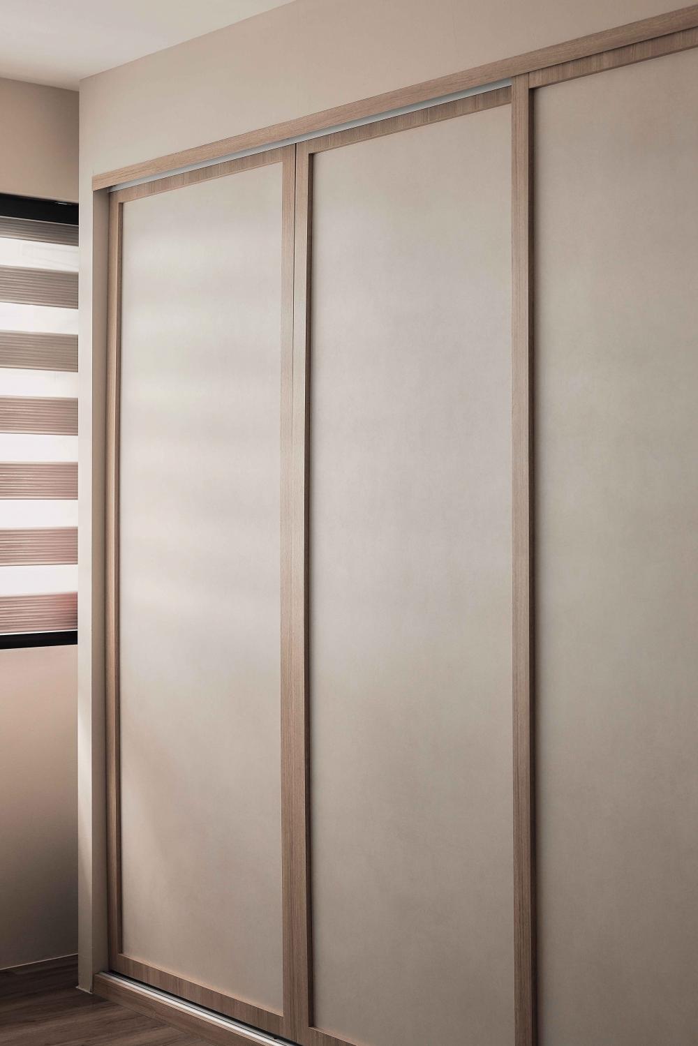 Scandinavian Bedroom with Wood Flooring and Wardrobe
