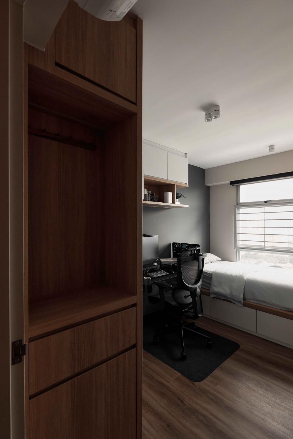 Scandinavian Bedroom with Wood Flooring and Wardrobe