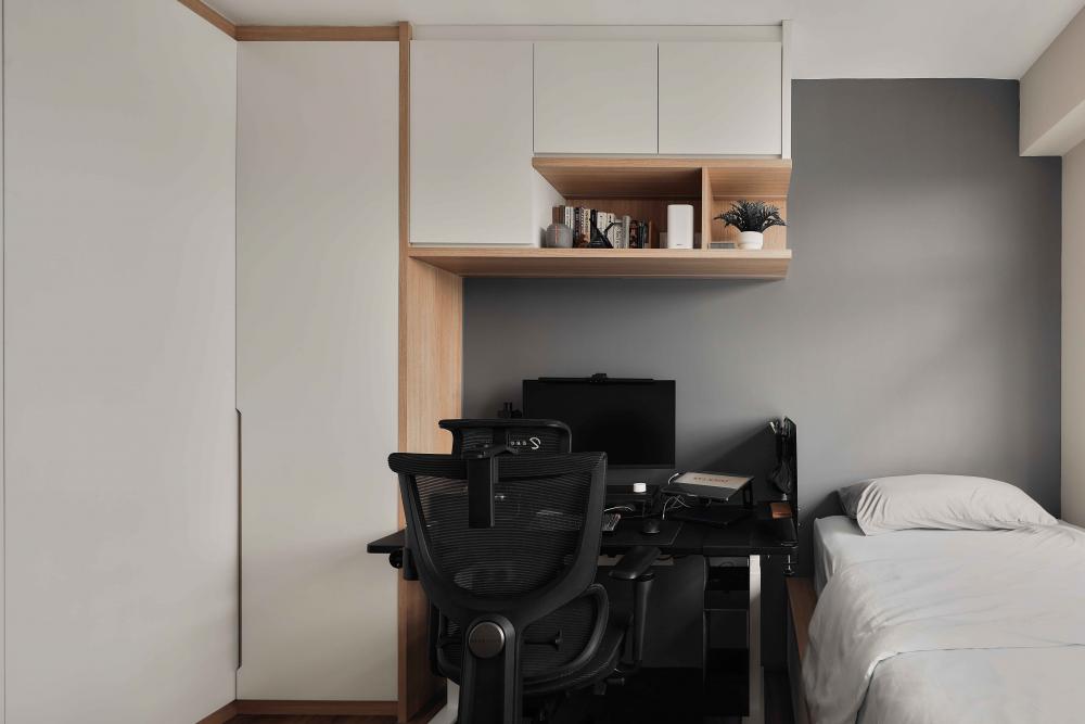 Scandinavian Bedroom with Bookshelf and Wardrobe