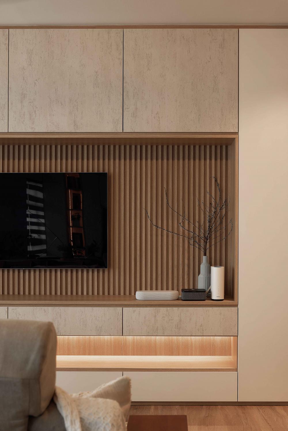 Scandinavian Living Room with Wood Flooring and TV Console