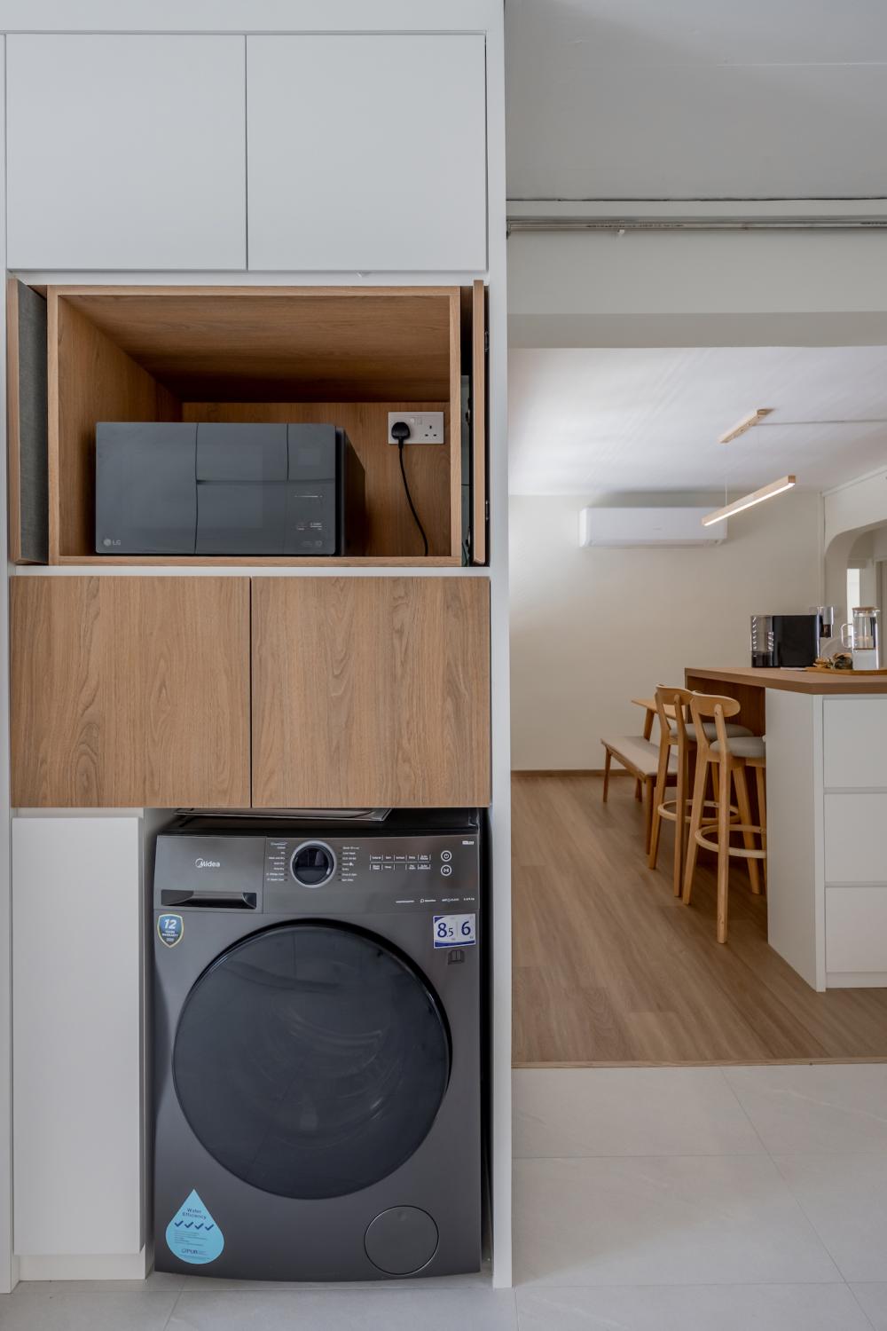 Scandinavian Pantry with Kitchen Island and Washing Machine