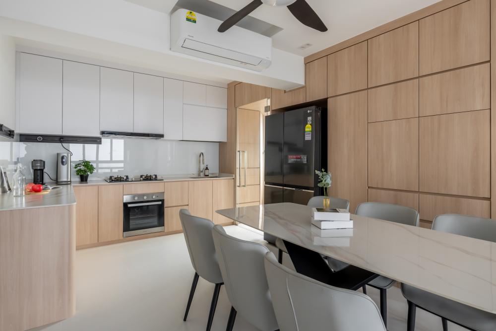 Scandinavian Dining Room with Countertop and Open Kitchen