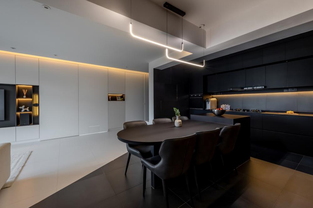 Contemporary Dining Room with Countertop and Open Kitchen