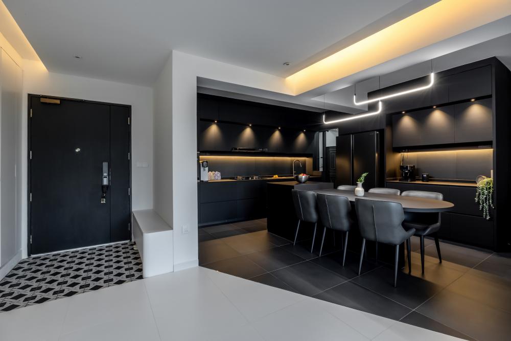 Contemporary Dining Room with Open Kitchen and Sofa