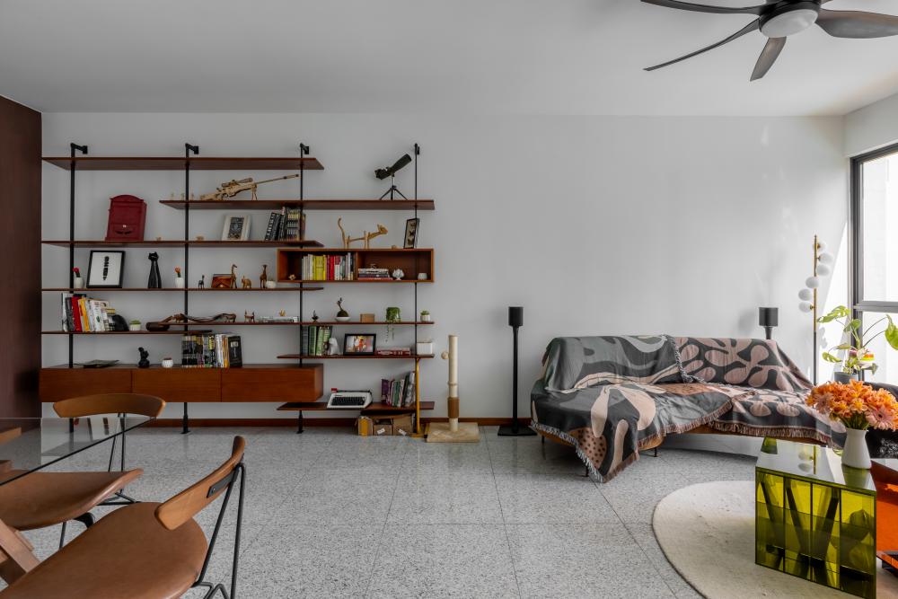 Modern Living Room with Bookshelf and Carpet
