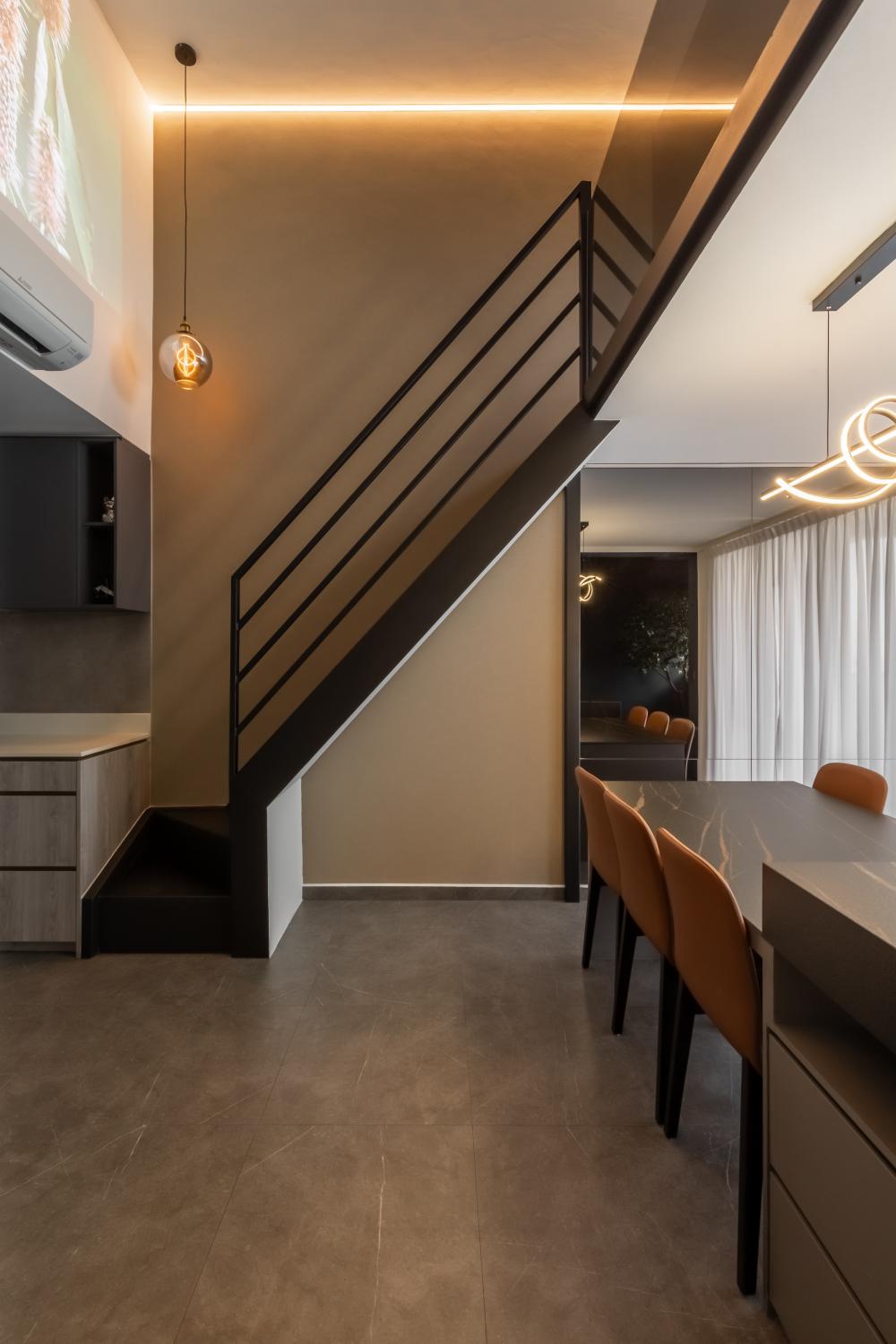 Modern Hallway with Mirror and Staircase