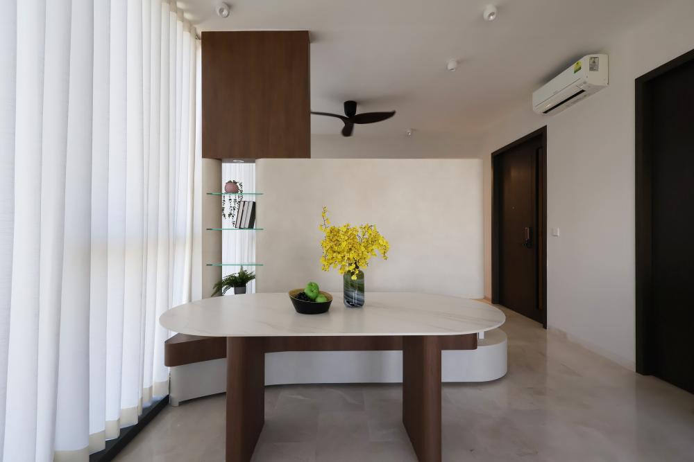 Contemporary Living Room with Homogeneous Tiles and TV Console