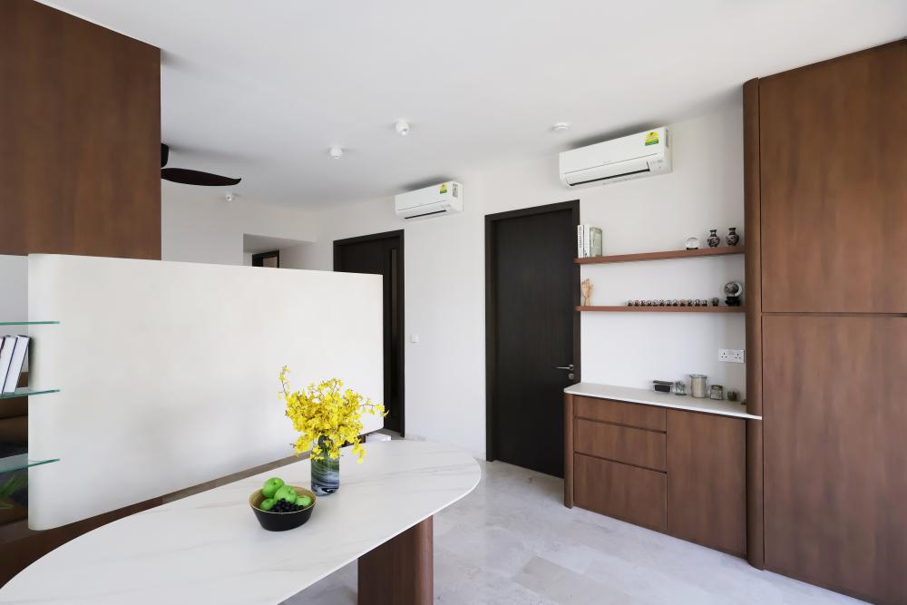 Contemporary Living Room with Homogeneous Tiles and TV Console