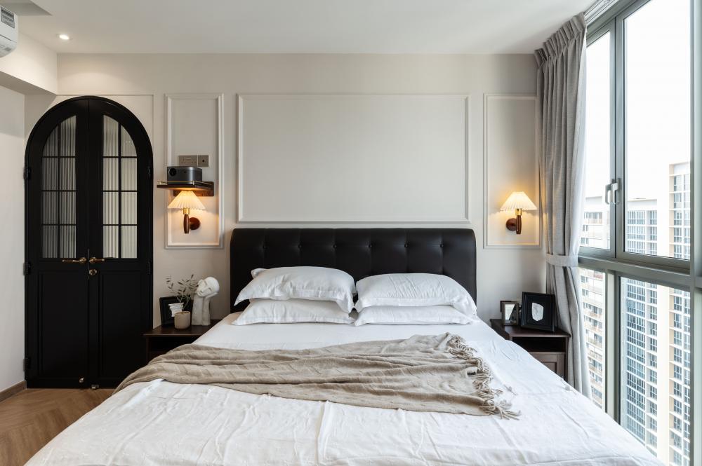 Modern Bedroom with Curtain and Bedside Table