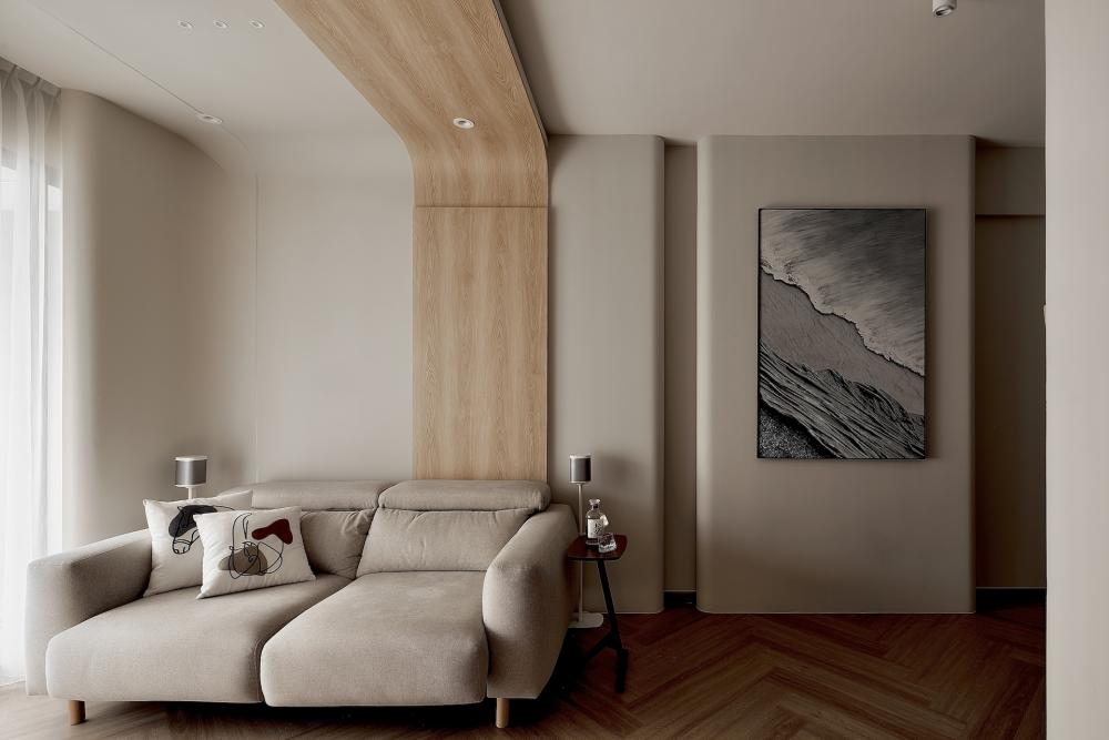 Modern Living Room with Wood Flooring and Feature Wall