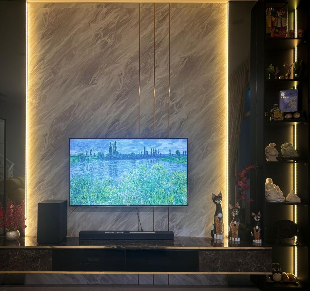Contemporary Living Room with TV Console and Feature Wall