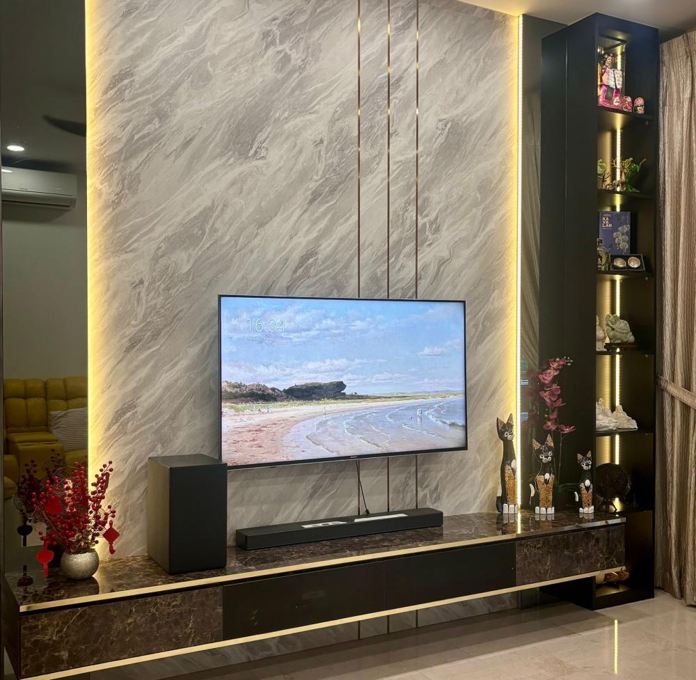 Contemporary Living Room with TV Console and Feature Wall