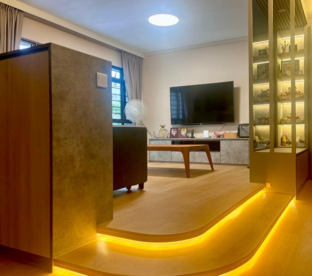 Asian Living Room with Bookshelf and Vinyl Flooring