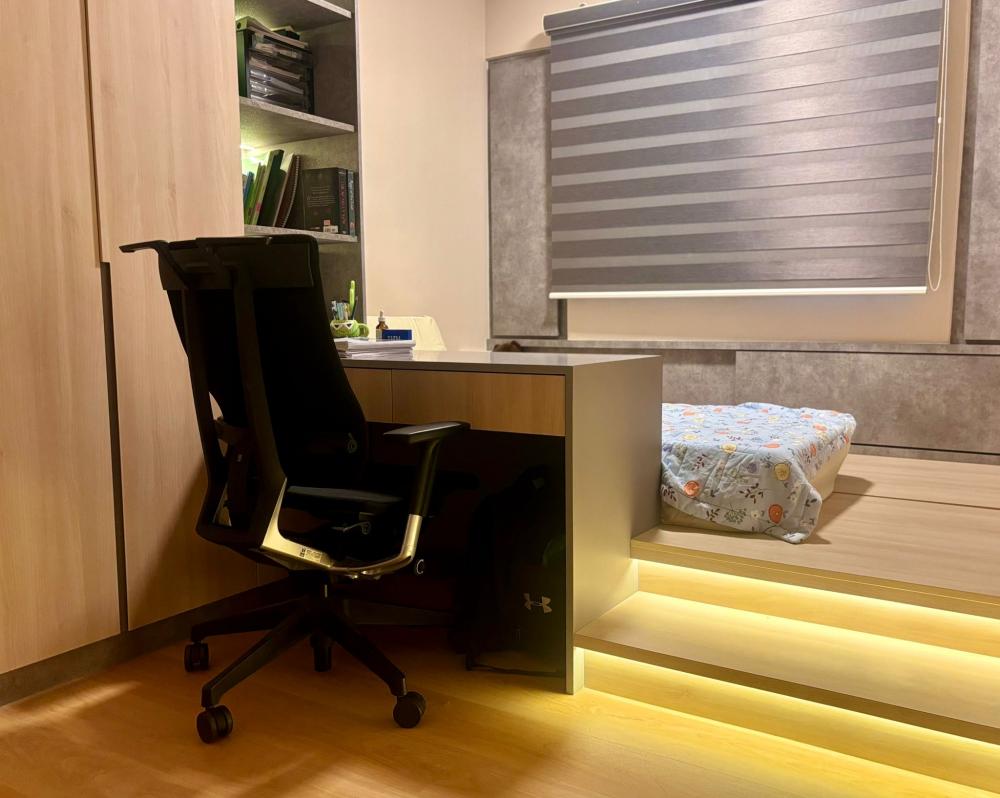 Asian Bedroom with Bookshelf and Platform Bed
