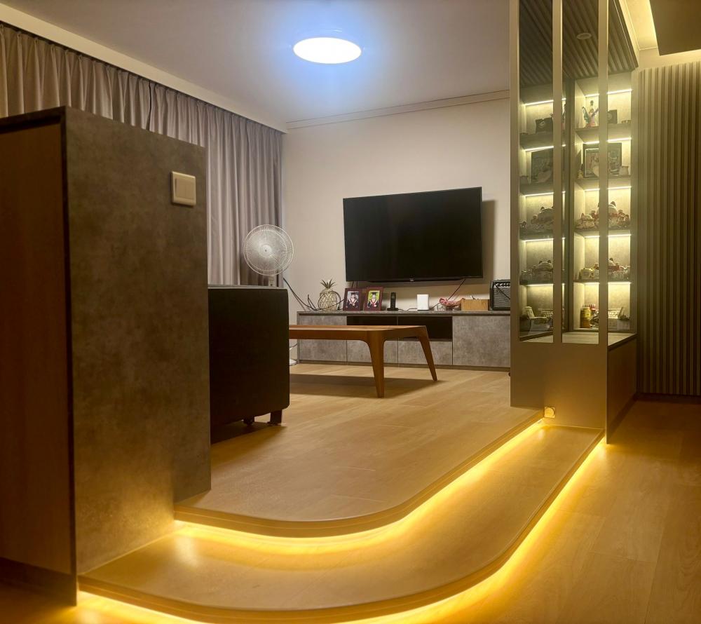 Asian Living Room with Vinyl Flooring and TV Console