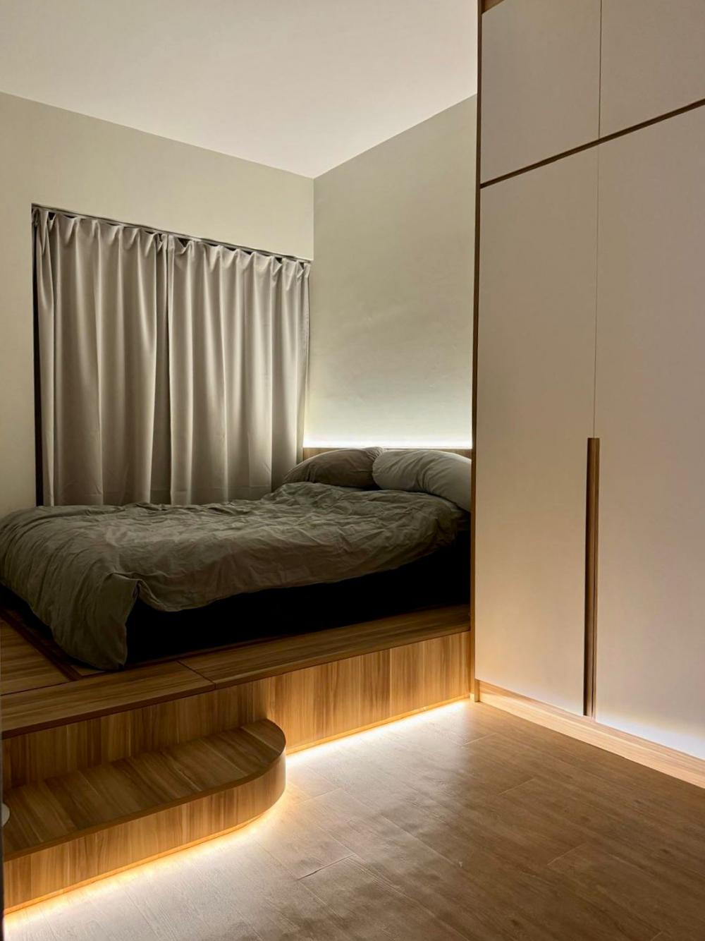 Scandinavian Bedroom with Platform Bed and Vinyl Flooring