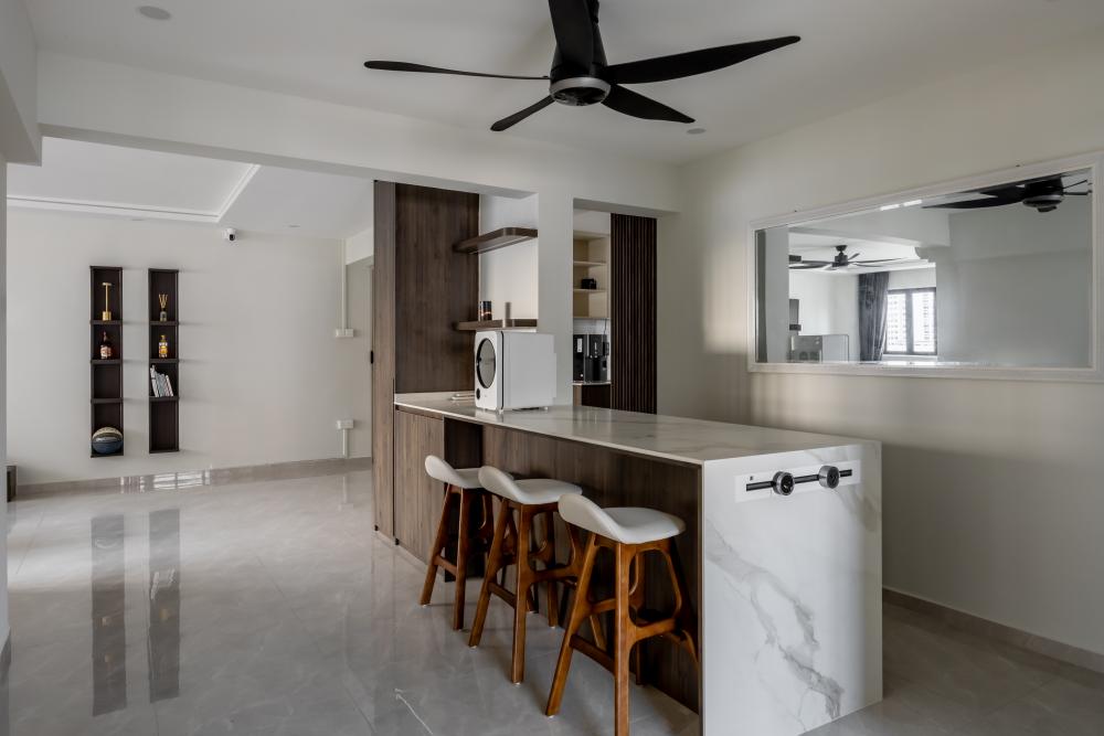 Minimalist Dining Room with Drop Light and Cove Lighting