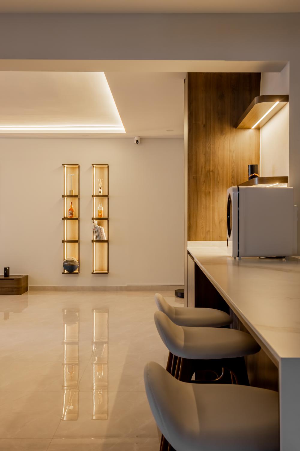 Minimalist Dining Room with Drop Light and Cove Lighting