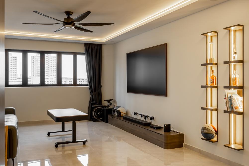 Minimalist Living Room with Bookshelf and Marble Floor