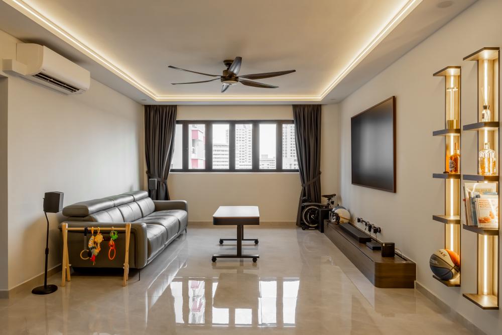 Minimalist Living Room with Bookshelf and Settee