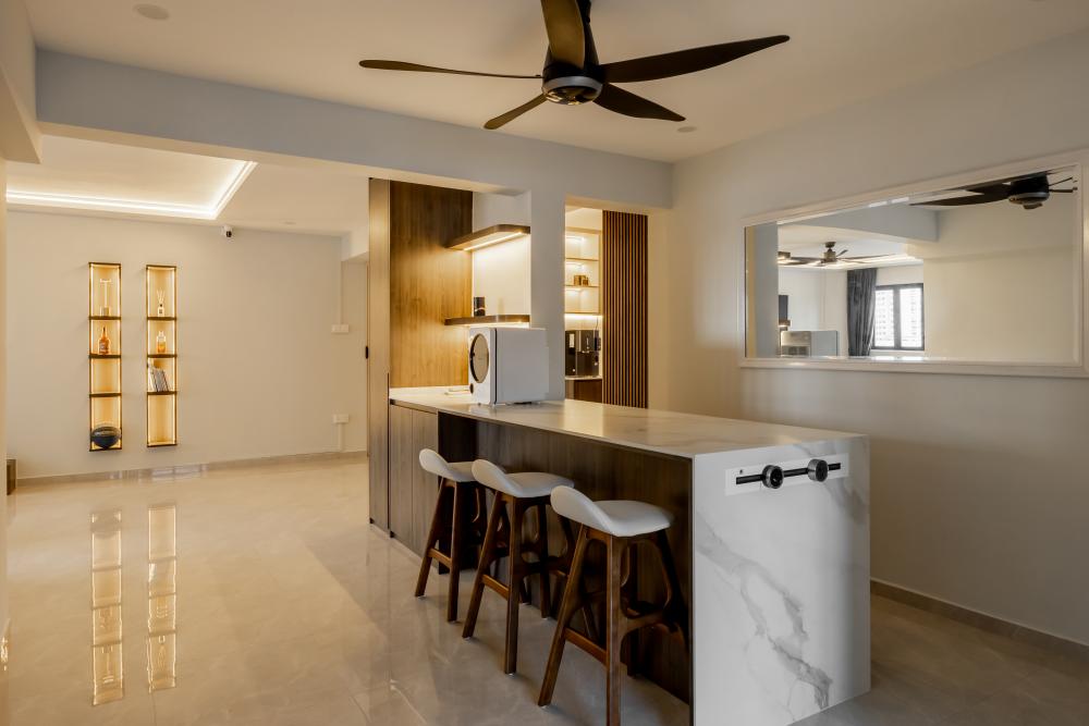 Minimalist Dining Room with Drop Light and Cove Lighting