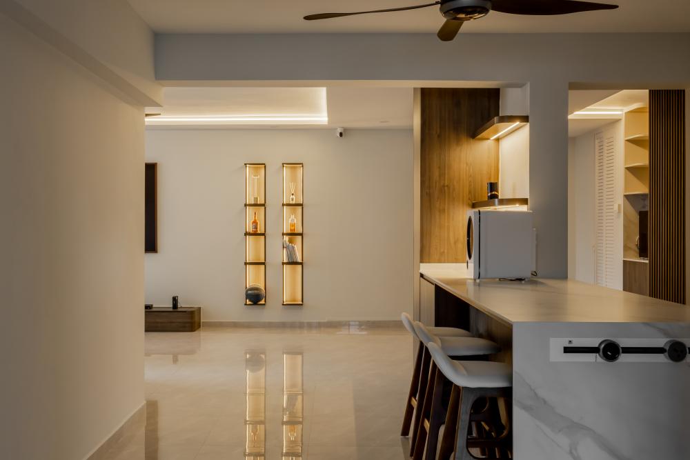 Minimalist Dining Room with Drop Light and Cove Lighting