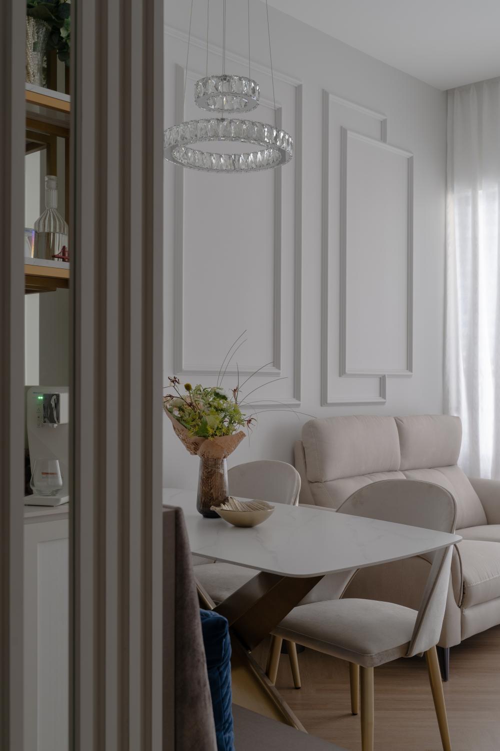 Modern Living Room with Vinyl Flooring and Drop Light