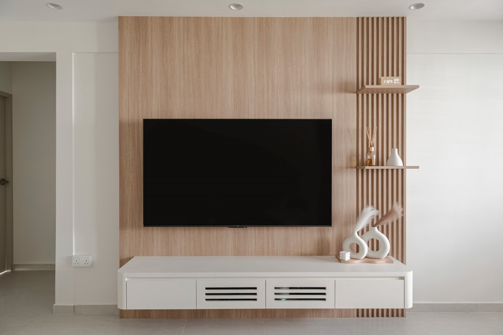 Scandinavian Living Room with Homogeneous Tiles and TV Console